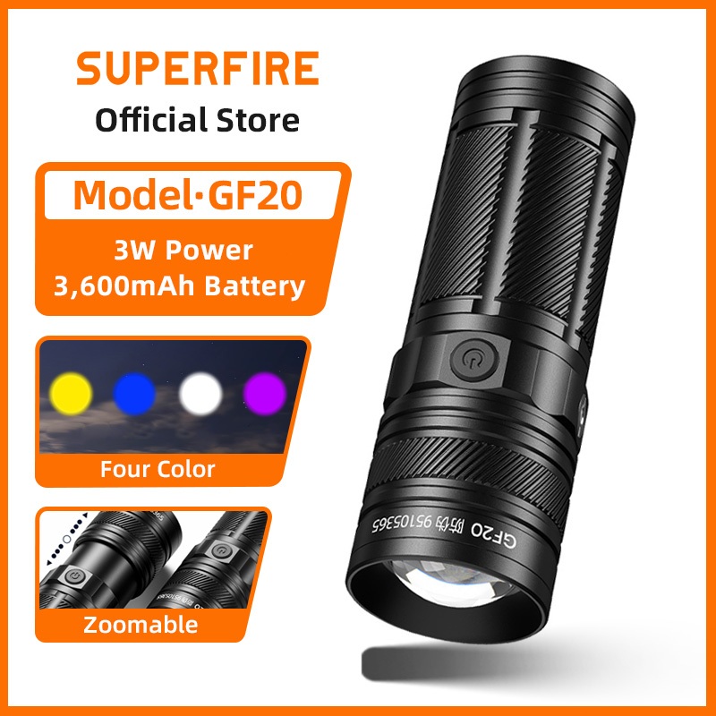 SUPERFIRE GF20 ไฟฉายตกปลา 3W ชาร์จได้ ซูมได้ 4 สี ขาว เหลือง น้ำเงิน ม่วง