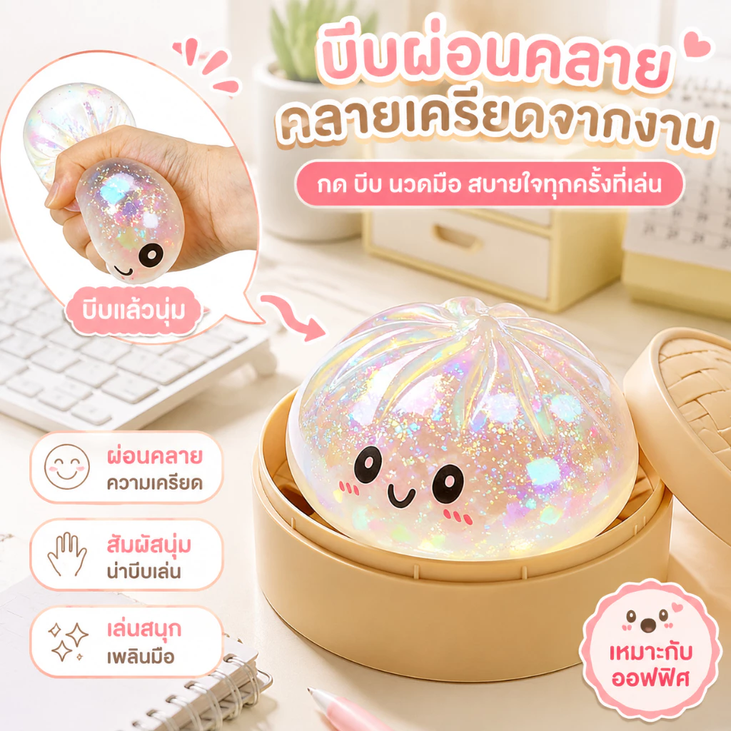 BM ขนมปังนุ่มคลายเครียด ของเล่นบีบได้รูปซาลาเปา วัสดุปลอดภัย ปลอดสารพิษ ไร้กลิ่น คลายเครียดยอดนิยม