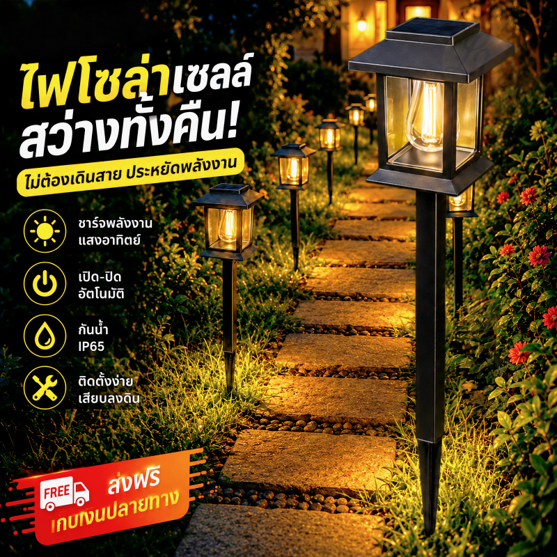 ไฟสวนพลังงานแสงอาทิตย์ ไฟปักสนาม พลังงานแสงอาทิตย์โซล่าเซลล์ ไฟ LED โคมไฟโซล่าเซลล์ ไฟทาง