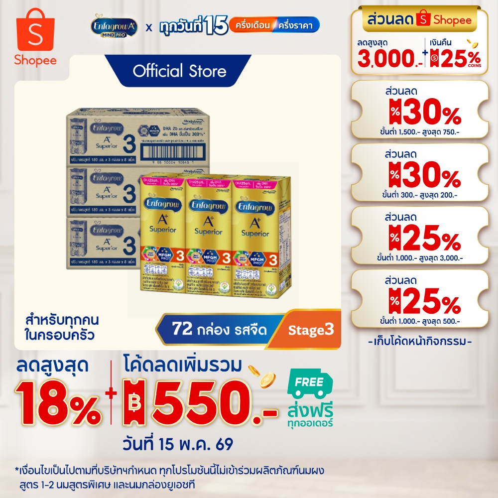 นมกล่อง เอนฟาโกร ยูเอชที ซุพีเรียร์ สูตร3 (24 กล่อง) x3 ลัง Enfagrow UHT Superior Stage3 (24 boxes) 