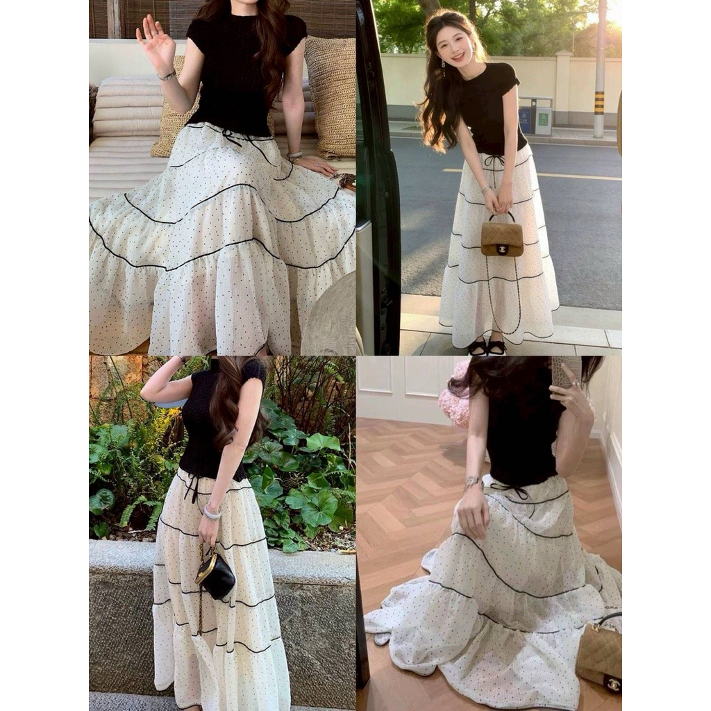 กระโปรงยาวผ้ามุ้งพริ้ว ลายจุดสีขาวตัดขอบดำ