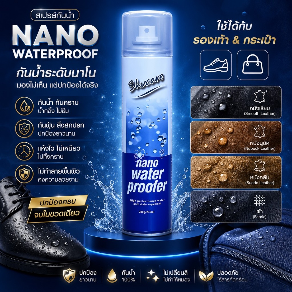Shucare Nano water proofer  สเปรย์ใช้สำหรับฉีดป้องกันน้ำ และสามารถป้องกันคราบสกปรกจากฝุ่นละออง 325ml