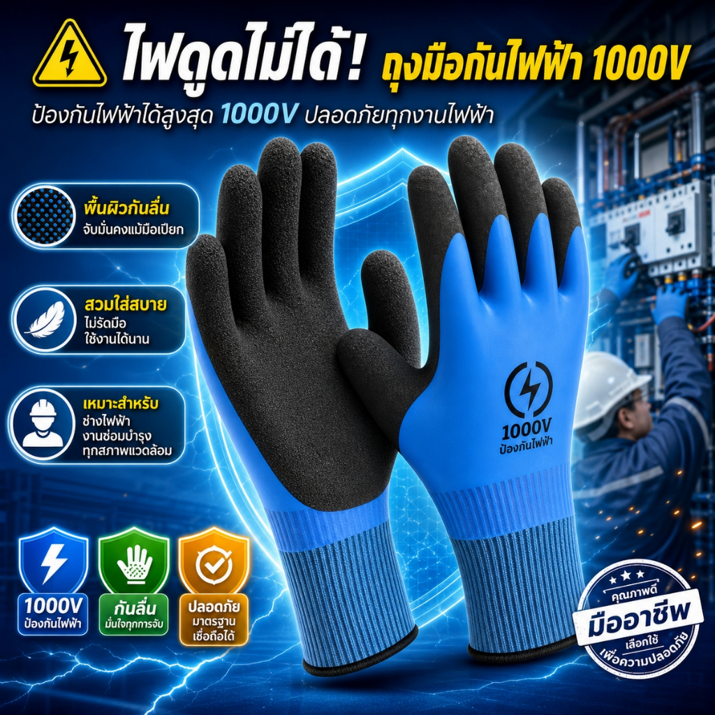 TZถุงมือไนลอนไนไตรล์แขนยาวเคลือบ PU กันลื่น กันบาด กันกระแทก และป้องกันไฟฟ้าแรงสูง (12KV) ได้