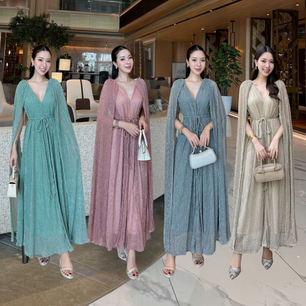 NOOZZSHOP 5911473 เดรสยาวผ้าพลีทกลิตเตอร์ แถมเชือกเกลียว ชุดไปงาน