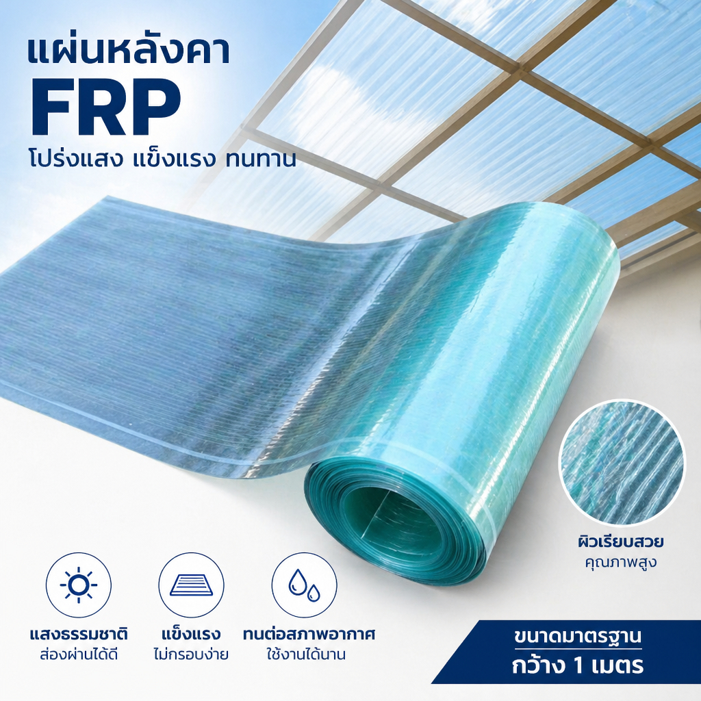 แผ่นหลังคาโปร่งแสง หลังคาใส วัสดุไฟเบอร์กลาส FRP ทนต่อUV ป้องกันเก่าเร็ว ยืดอายุใช้งาน ไม่ซีดสี