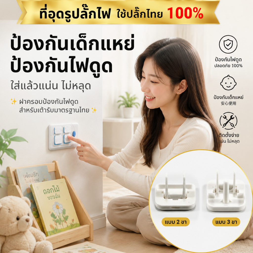 🔥ฝาครอบกันไฟดูด ปลั๊ก 2 รู-ปลั๊ก 3 รู กันเด็กแหย่ PP เกรดอาหาร ติดตั้งง่าย ไม่หลุด ของใช้จำเป็นบ้านเด็ก