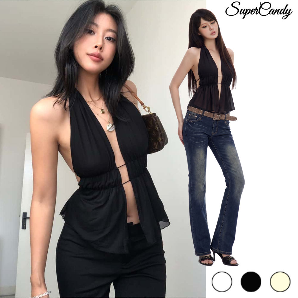 SuperCandy🌷เสื้อเปิดหลังเซ็กซี่ คล้องคอมีเชือกผูก ตัวฟิตสาวแซ่บ