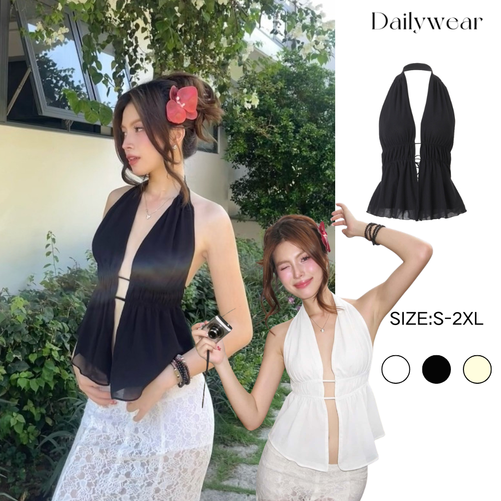 Dailywear ✨เสื้อสายเดี่ยวรีสอร์ท เชือกผูกปรับได้ เปิดหลังกระชับรูปร่าง