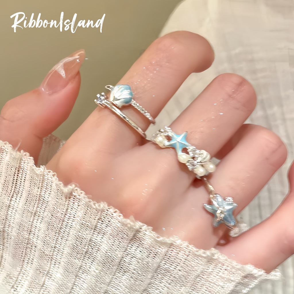แหวน rings สไตล์เกาหลี ins โทนสีฟ้า สไตล์เกาะ เปลือกหอย ปลาดาว แฟชั่น สำหรับผู้หญิง น่ารัก ไข่มุก COD