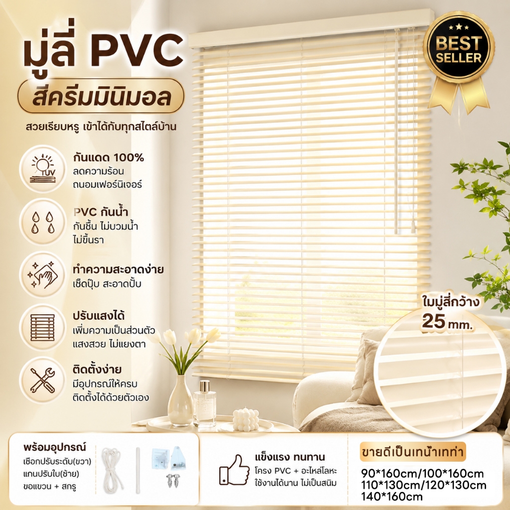 🔥สวยมินิมอล🔥 มู่ลี่ PVC สีขาวครีม ทำความสะอาดง่าย ม่านบังแดดช่วยให้ห้องสว่างและดูอบอุ่น