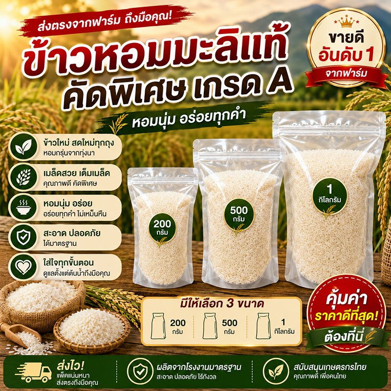 ข้าวหอมนุ่มเหนียว ข้าวใหม่ เมล็ดสวย คุ้มค่าที่สุด แพ็คอย่างดี ส่งไว ถึงมือคุณ (250g/500g/1kg)