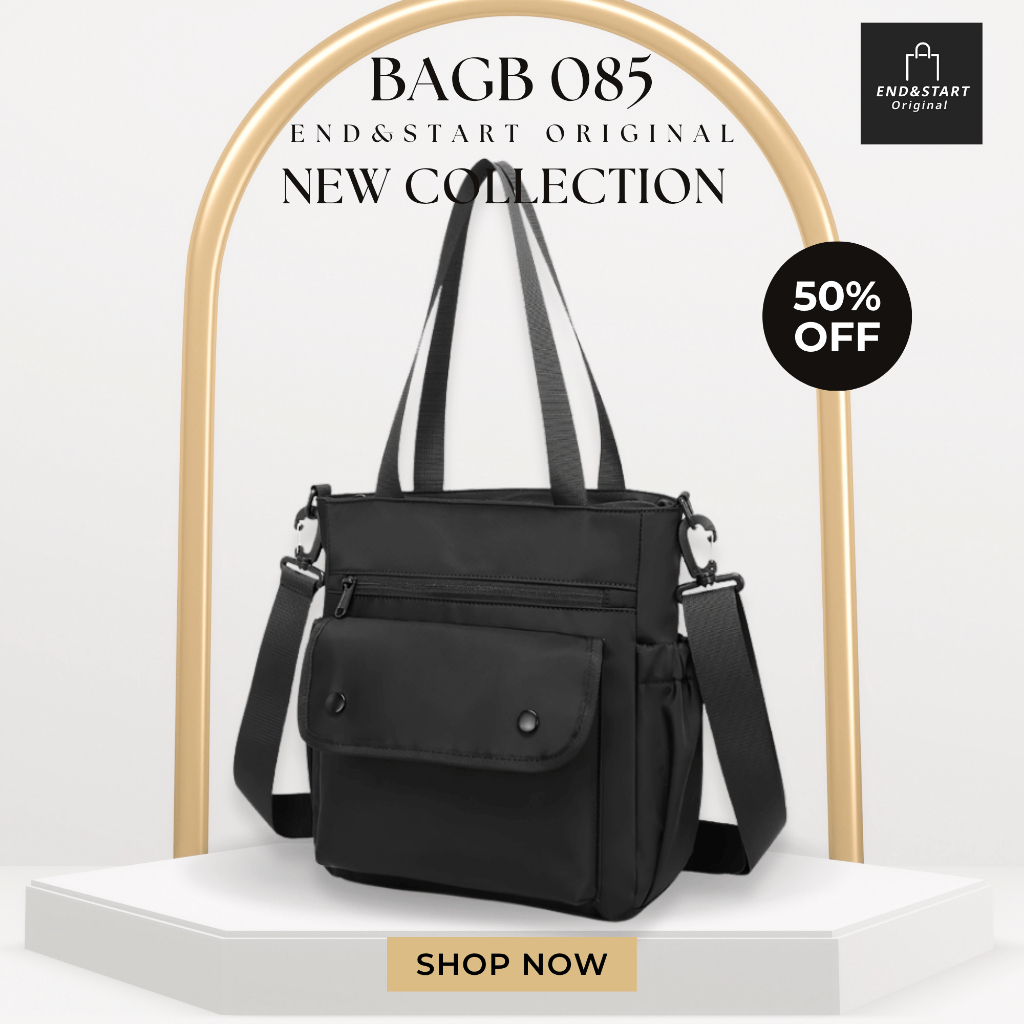 BAGB085 END&START กระเป๋าสะพายข้าง Tote Bag สีดำ ใส่ iPad 11 นิ้ว/A4 ช่องเยอะ ถือได้