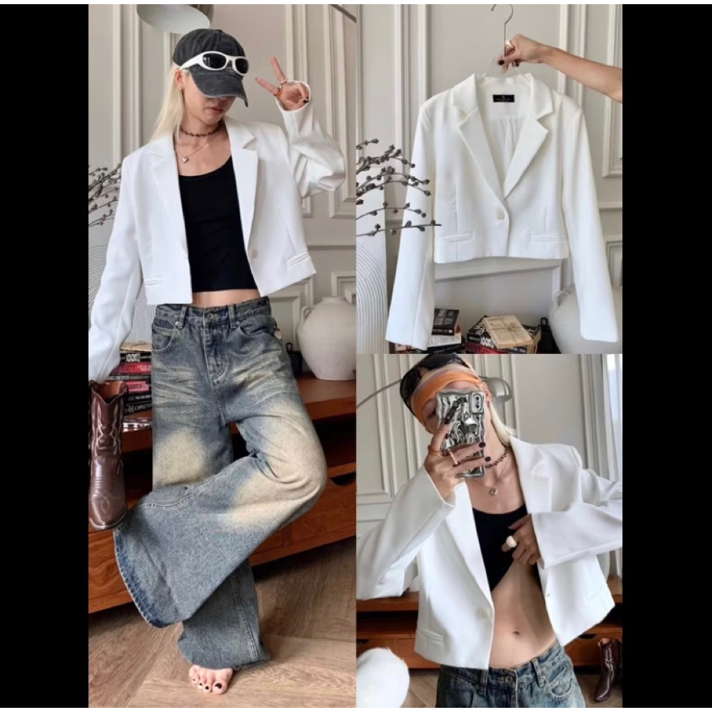 เสื้อสูทแขนยาว ทรงครอป สีขาว Cosy crop