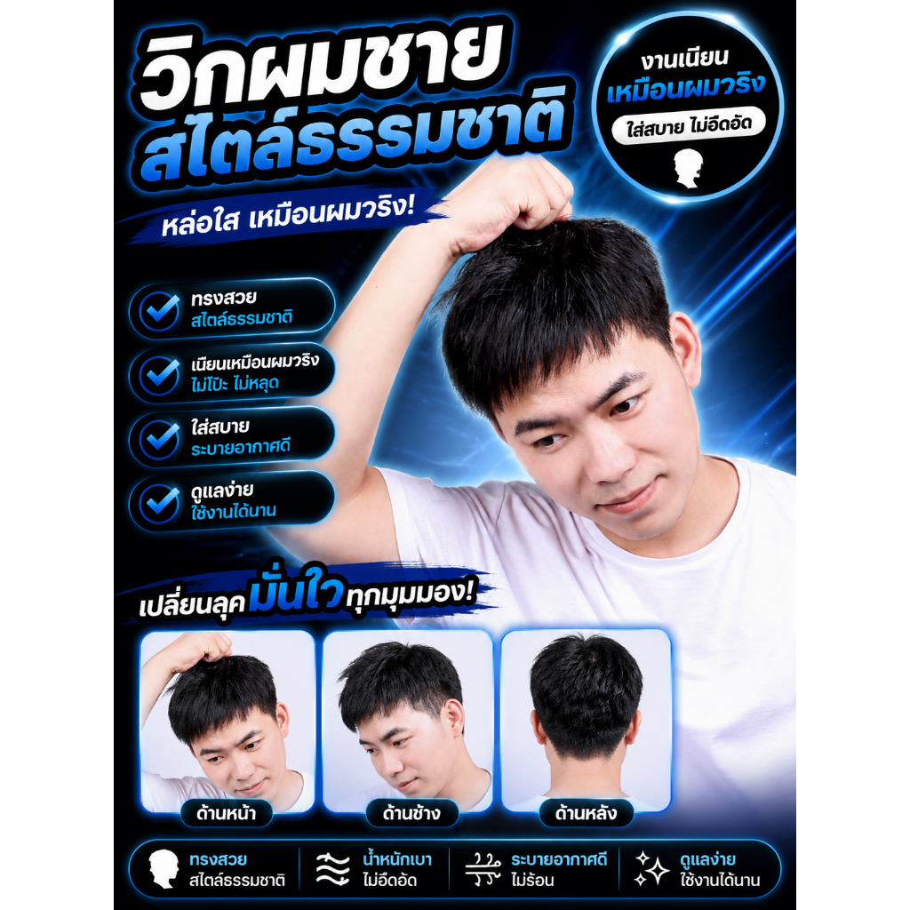 วิกผมชายสไตล์ธรรมชาติ วิกผมสั้นใส่แล้วเหมือนจริง ระบายอากาศได้ดี