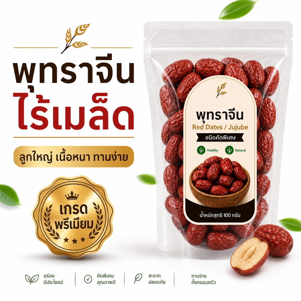 พุทราจีนไร้เมล็ด Red Dates Jujube เกรดพรีเมียม ลูกใหญ่ เนื้อหนา ทานง่าย ต้มซุป ชงชา ธรรมชาติ 100g/500g