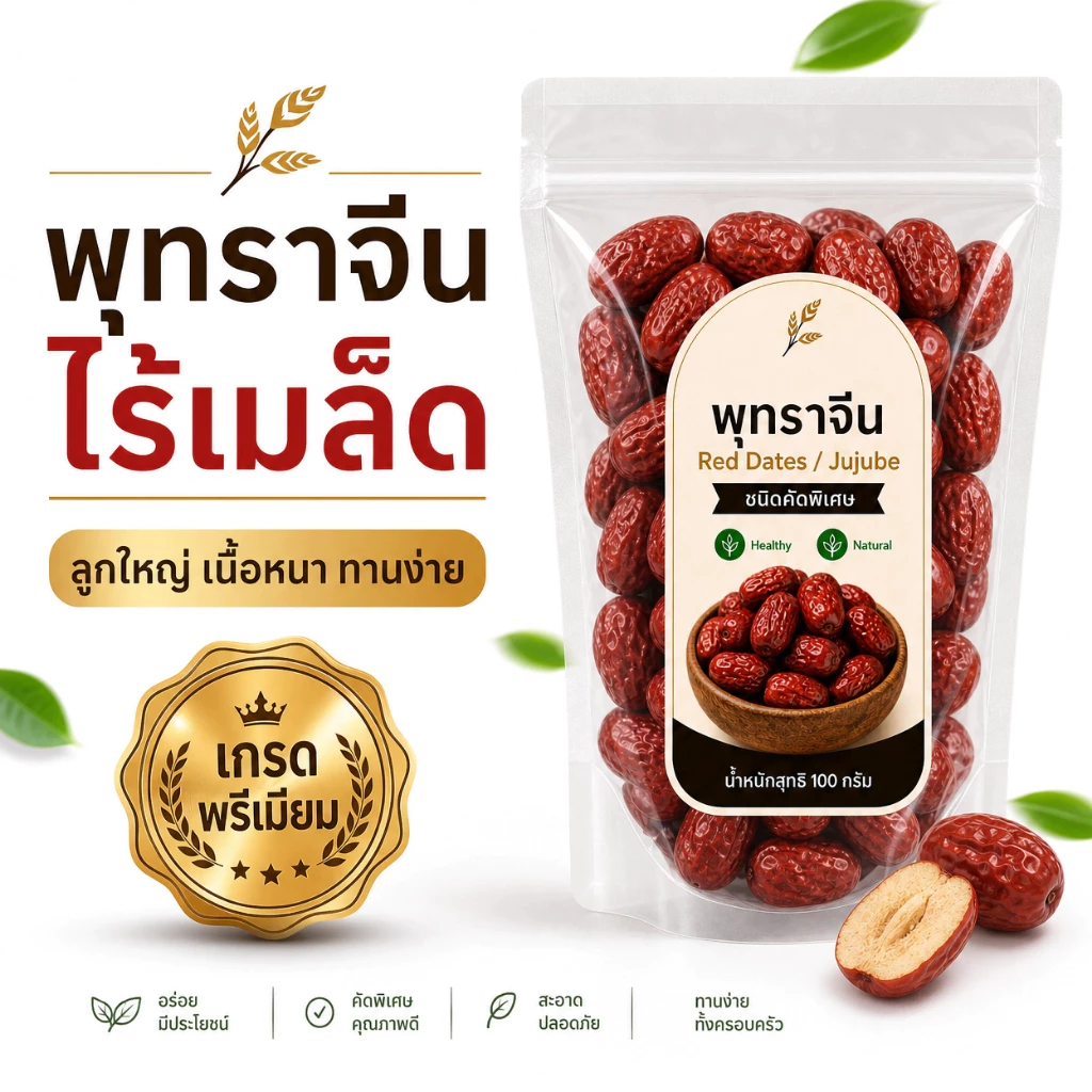 พุทราจีนไร้เมล็ด Red Dates Jujube เกรดพรีเมียม เนื้อหนา ทานง่าย ต้มซุป ชงชา ธรรมชาติ 100g/500g