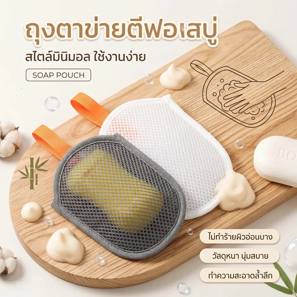 ถุงตาข่ายสบู่ สองด้านหนา ถุงเก็บสบู่ ถุงสบู่ตีฟอง ถุงตาข่ายอาบน้ำ ใช้ล้างหน้า–อาบน้ำ ทำฟองนุ่มละเอียด