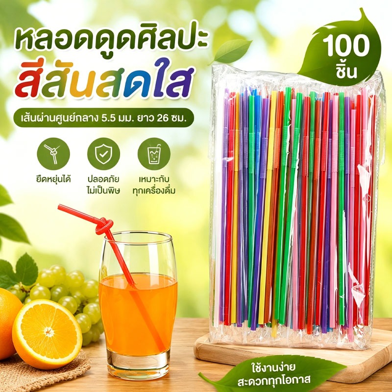 หลอดดูดศิลปะสีสันสดใส 100 ชิ้น ยืดหยุ่นได้ ใช้กับเครื่องดื่มทุกชนิด ใช้กับแก้วทุกขนาด ปลอดภัยไร้พิษ