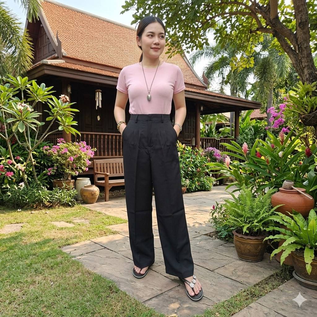 กางเกงขายาวผู้หญิง รุ่นกระบอกเล็กตะขอหน้า (ผ้าเปเป้) (S-2XL)