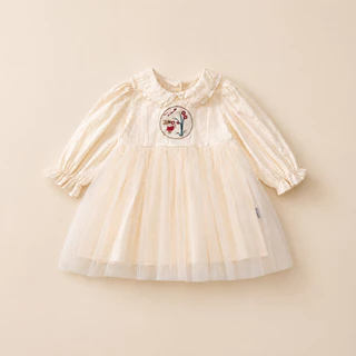 Hania kids พร้อมส่ง เดรสครีมเด็กผู้หญิง ลายปักดอกไม้ ใส่นุ่มสบาย K5135587