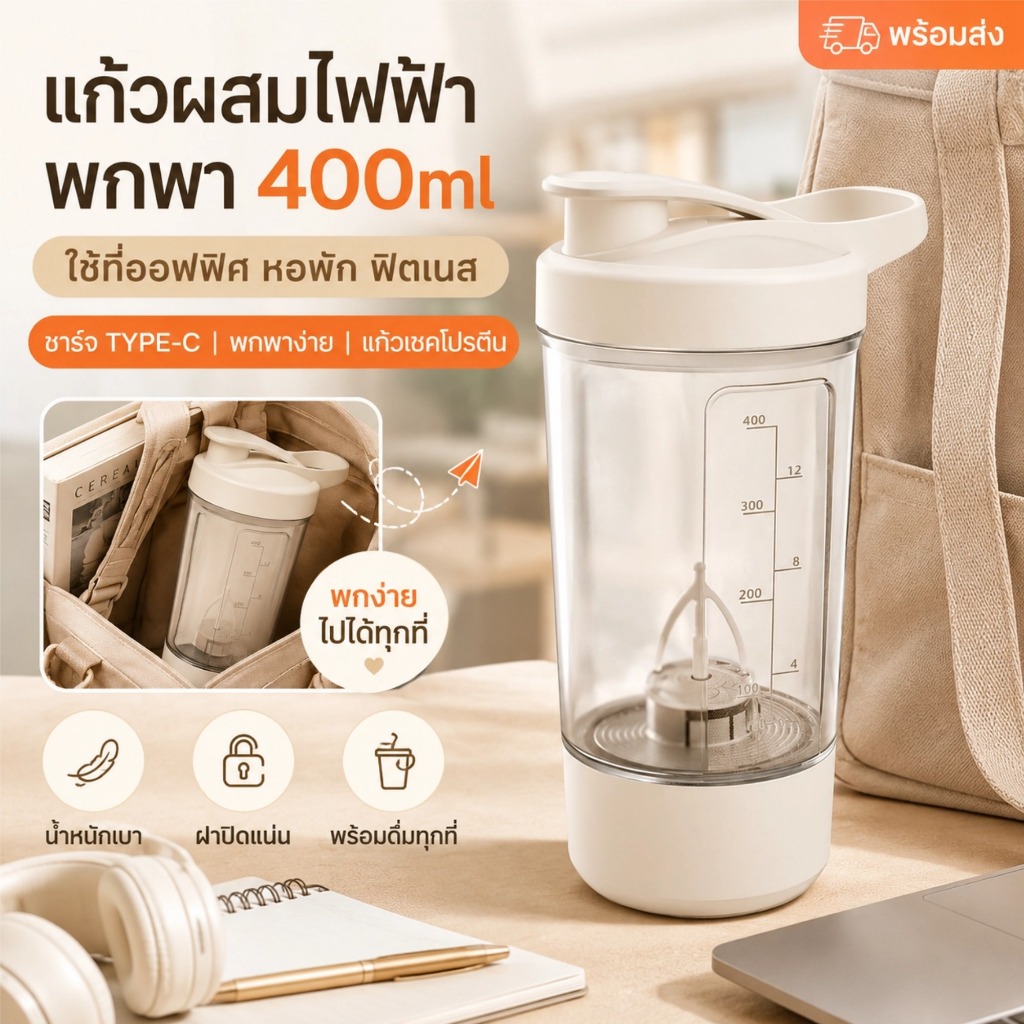 แก้วผสมไฟฟ้าอัตโนมัติ USB แก้วกาแฟพกพา ชงเวย์โปรตีน นม กาแฟ ใช้งานง่าย