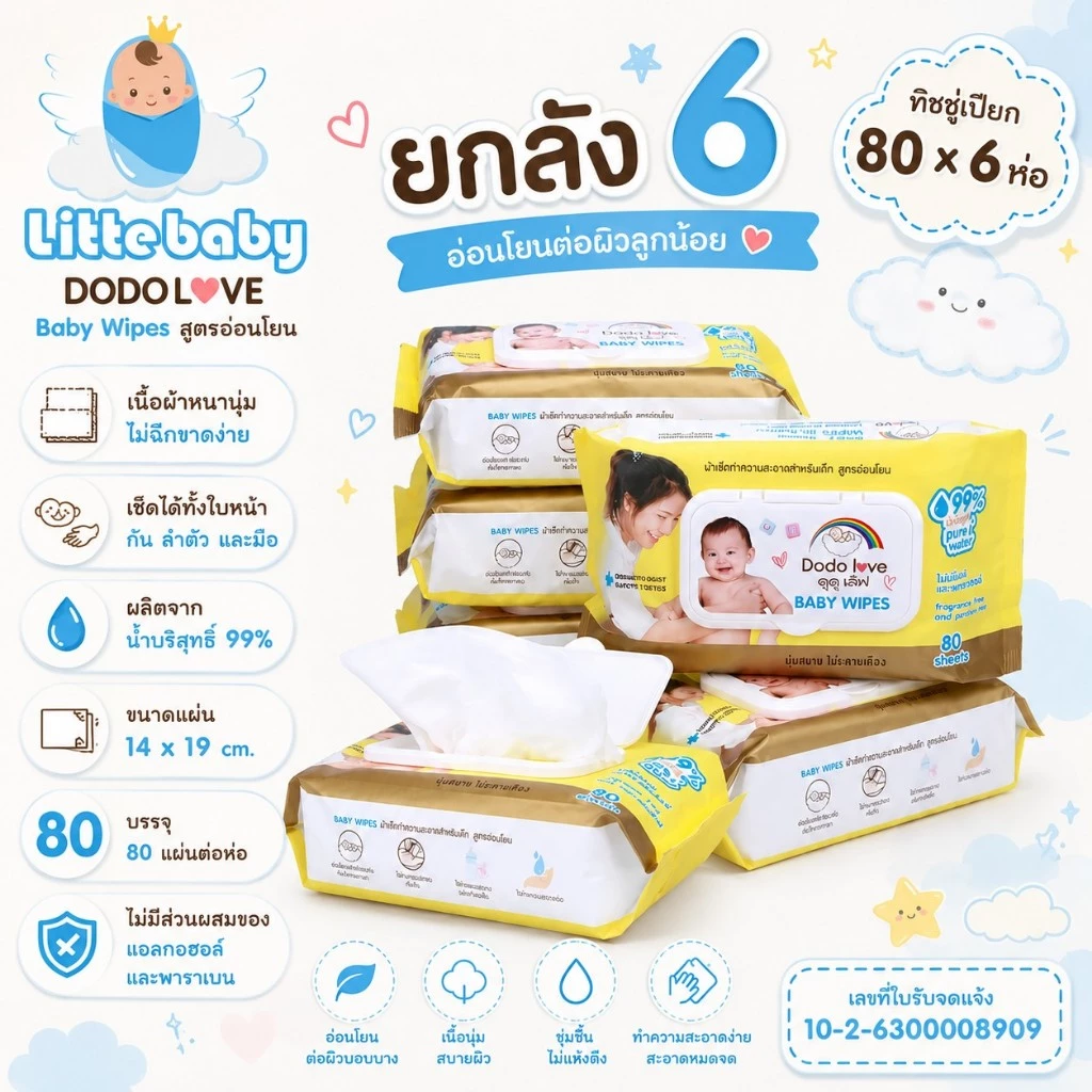 [ส่งด่วน/แพ็ค 6 ห่อ] DODOLOVE Baby Wipes ทิชชู่เปียก น้ำบริสุทธิ์ ห่อใหญ่ 80 แผ่น (รวม 480 แผ่น) หนา นุ่ม อ่อนโยน