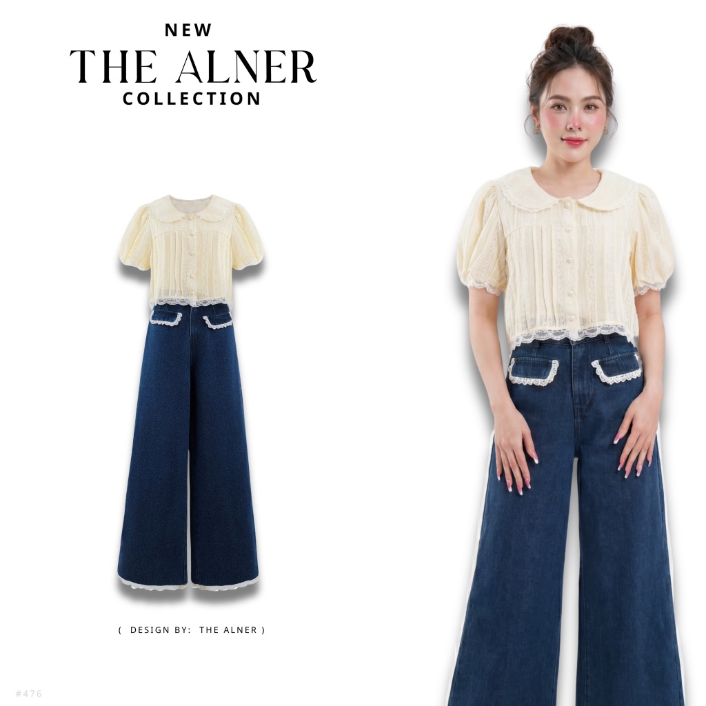 Thealner-AN476 (เซตเสื้อครีมแขนตุ๊กตากางเกงยีนส์ขายาว)