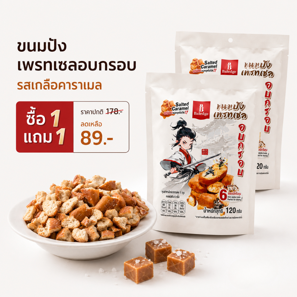 (ซื้อ1แถม1) ขนมปังเพรทเซลอบกรอบ รสเกลือคาราเมล 120กรัม Baledge Pretzel Crunch Bites Salted Caramel Flavorขนม ขนมขบเคี้ยว