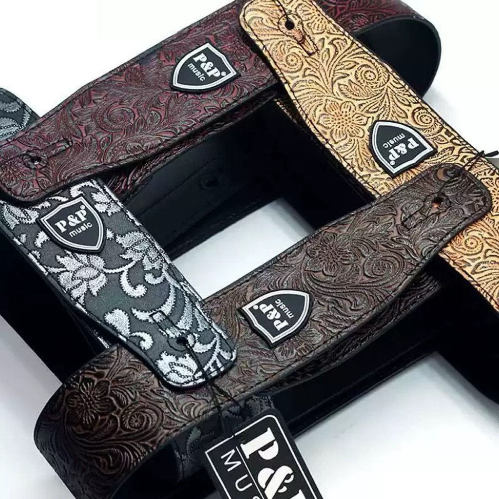 P&P Music สายสะพายหนังหนังPuเกรดพรีเมี่ยม สไตล์วินเทจและช่องสำหรับเก็บปิ๊กใช้ได้กีตาร์โปร่ง เบส กีตาร์ไฟฟ้า