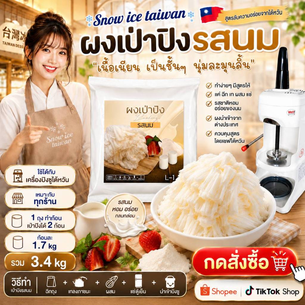 ผงเป่าปิงรสนม L1-450กรัม ทำได้ 2 ก้อน 3.7กิโล ใช้กับเครื่องไต้หวัน ฟรีสูตร