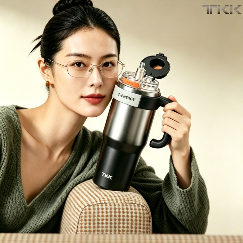 TKK แก้วน้ำสแตนเลสเคลือบเซรามิก 1200ml แก้วเก็บความเย็นความร้อน พร้อมหลอด ยกดื่มได้ Coffee Tumbler