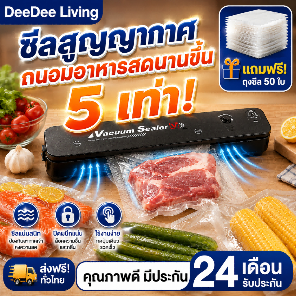 DeeDee เครื่องซีลสูญญากาศ เครื่องซีลถุง เครื่องซีล พร้อมถุงแวคคั่ม ถุง 50ใบ การใช้แบบเปียกและแห้ง เครื่องซีลถุงพลาสติก