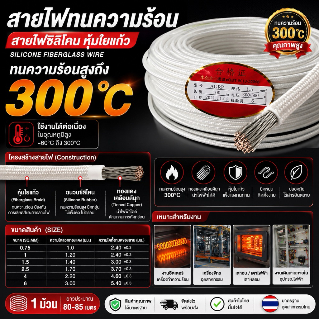 สายไฟทนความร้อน 300 องศา ขนาด 1.0,1.5,2.5,4.0,6.0SQ.MM.(ราคาต่อม้วน)