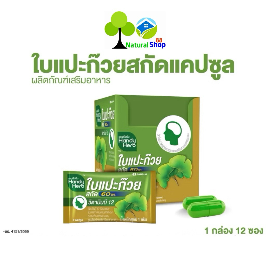 ยกกล่อง=12ซอง สูตรใหม่>>Handy Herb แฮนดี้เฮิร์บ ใบแปะก๊วยสกัด 60 มก. (ซองละ2 แคปซูล)
