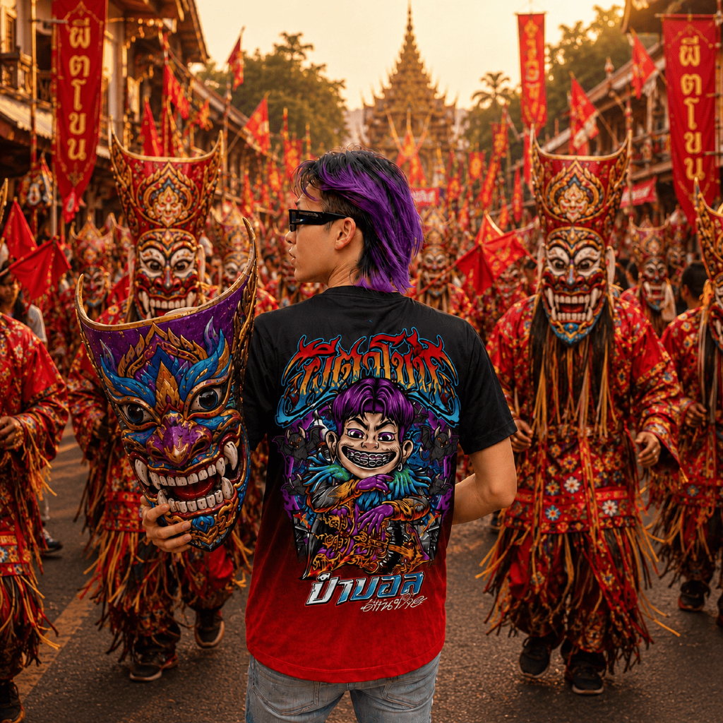 เสื้อป๋าบอลลายผีตาโขน ผ้าไมโครอย่างดี สีม่วงดำ-สีแดงดำ ของแท้ พร้อมสติกเกอร์ป๋าบอล คุณภาพดี นุ่มสบาย