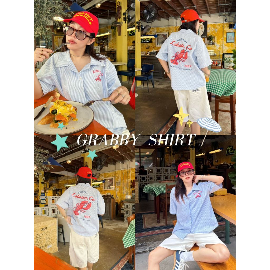 C871 - Grabby Shirt - เสื้อเชิ้ตริ้วสีฟ้า สกรีนลายหน้า-หลัง (ส่งด่วน)