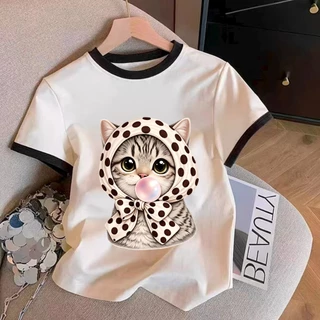 เสื้อยืดสไตล์เกาหลี ลายน้องหมาใส่แว่น สีเบจแต่งขอบน้ำตาล ทรงสวย แมทช์ง่าย เท่ๆ