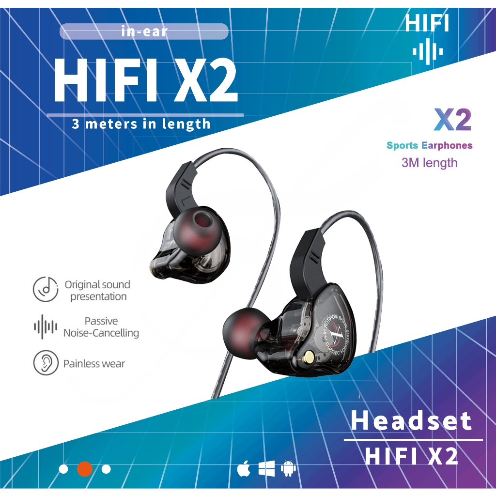 HiFi X2 Earphone Sport Earbuds Stereo หูฟังอินเอียร์ ระดับเสียง HI-FI /ลดเสียง สายยาว 3 เมตร