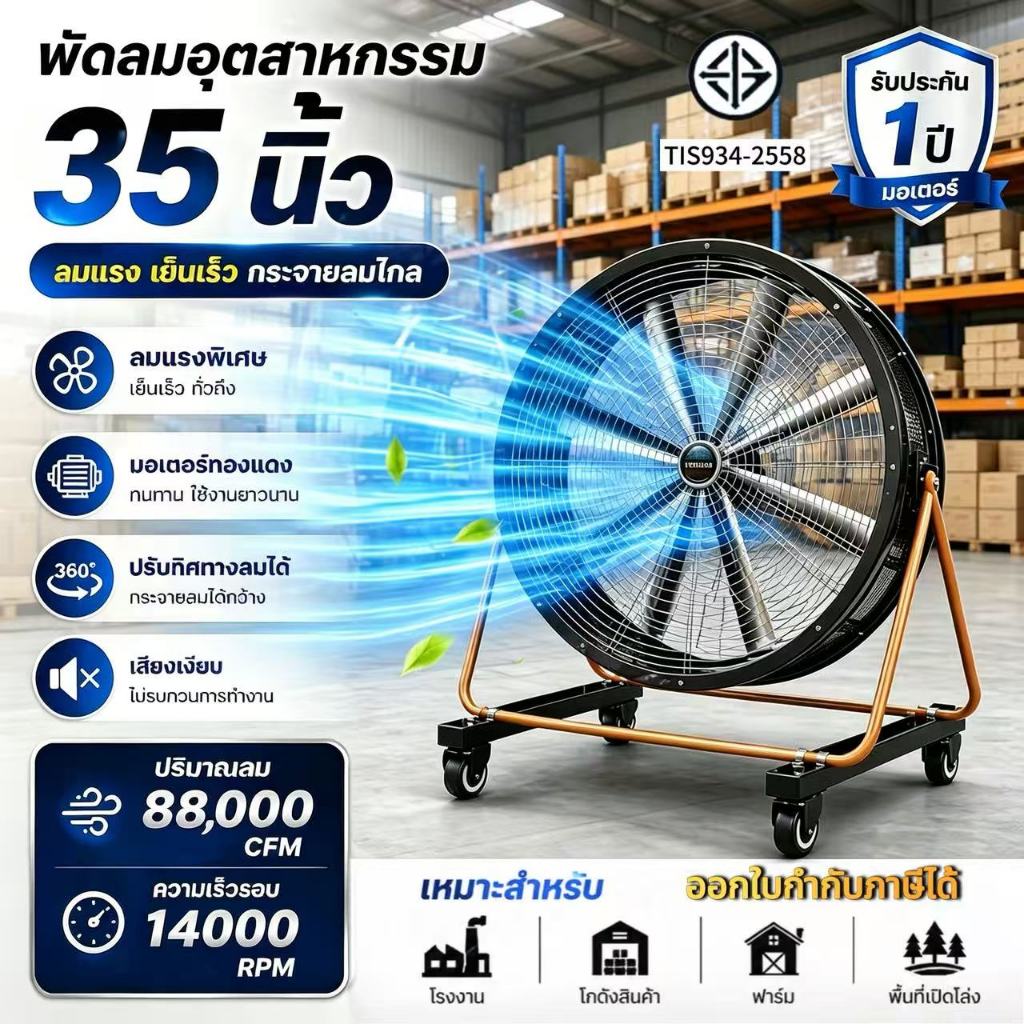 พัดลมอุตสาหกรรม 35 นิ้ว ลมแรงประหยัดไฟ กําลังไฟ 1500W ปรับความเร็วได้ พัดลมตั้งพื้น พัดล มอเตอร์ทองแดง