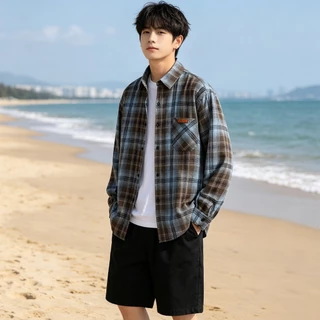 AceMenเสื้อเชิ้ตแขนยาวลําลอง เสื้อเชิ้ตผู้ชาย สไตล์เกาหลี แฟชั่นฤดูร้อน ลายสก๊อต ทรงหลวม คู่รักรุ่นเดียวกัน