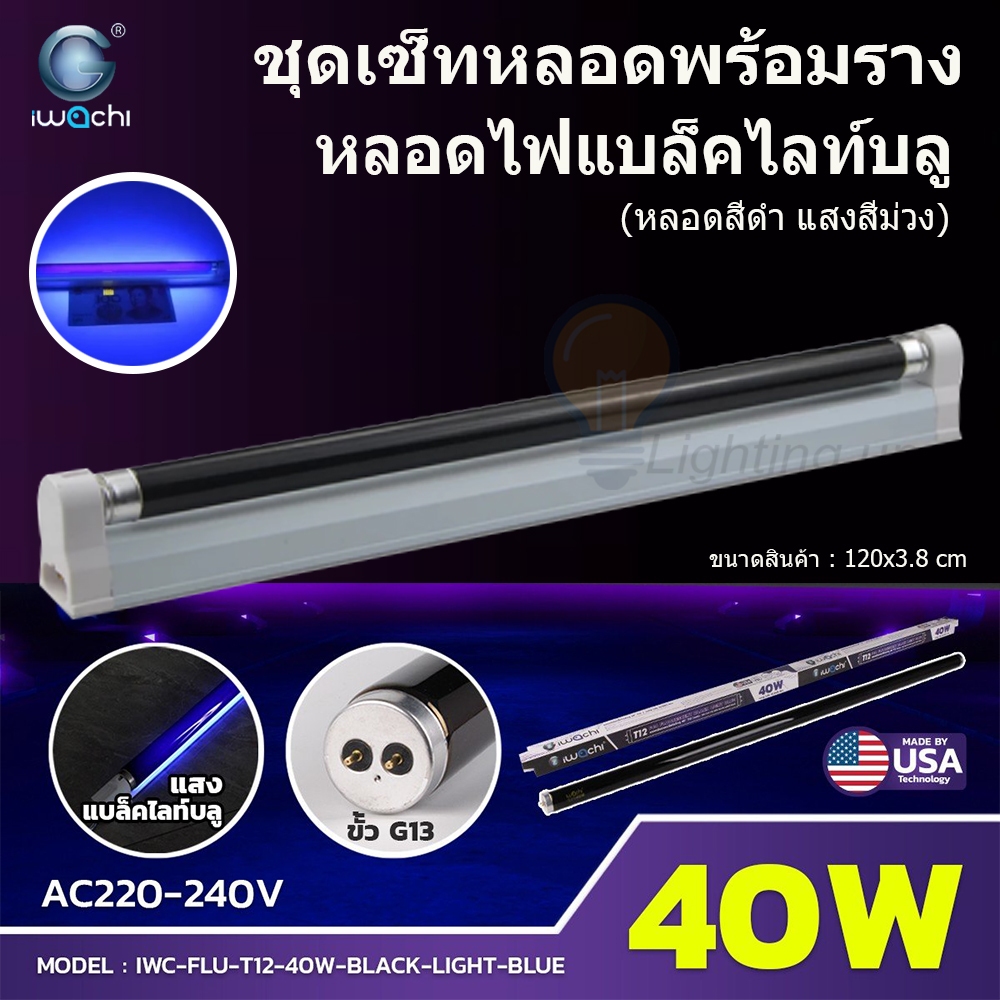 หลอดไฟนีออนแบล็คไลท์ T12 IWACHI หลอดนีออนแบล็คไลท์  หลอดไฟล่อแมลง 20W 40W Black Light BULE