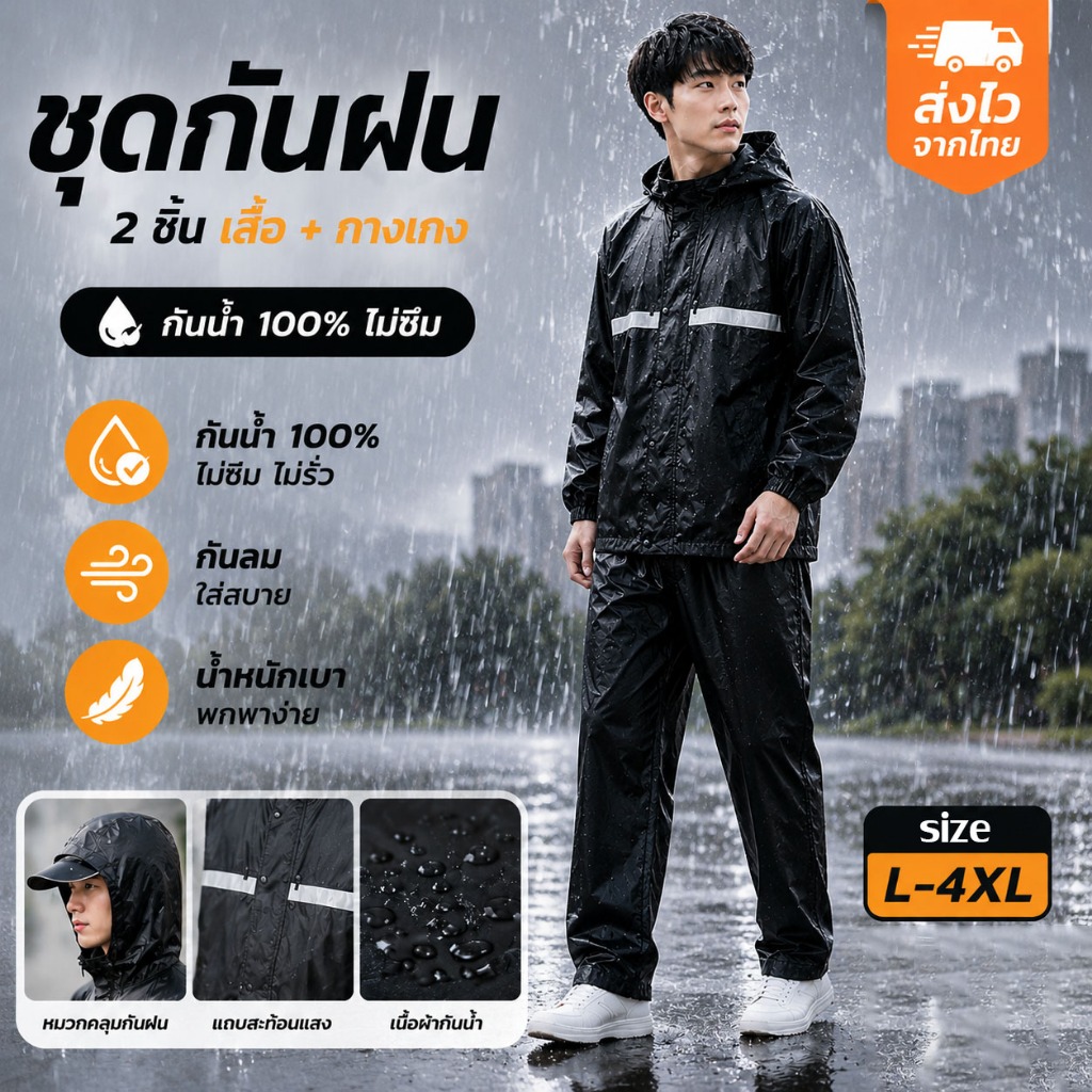 ชุดกันฝน เสื้อกันฝนผู้ใหญ่ มีแถบสะท้อนแสง ไม่ซึม ไม่ร้อน ใส่สบาย