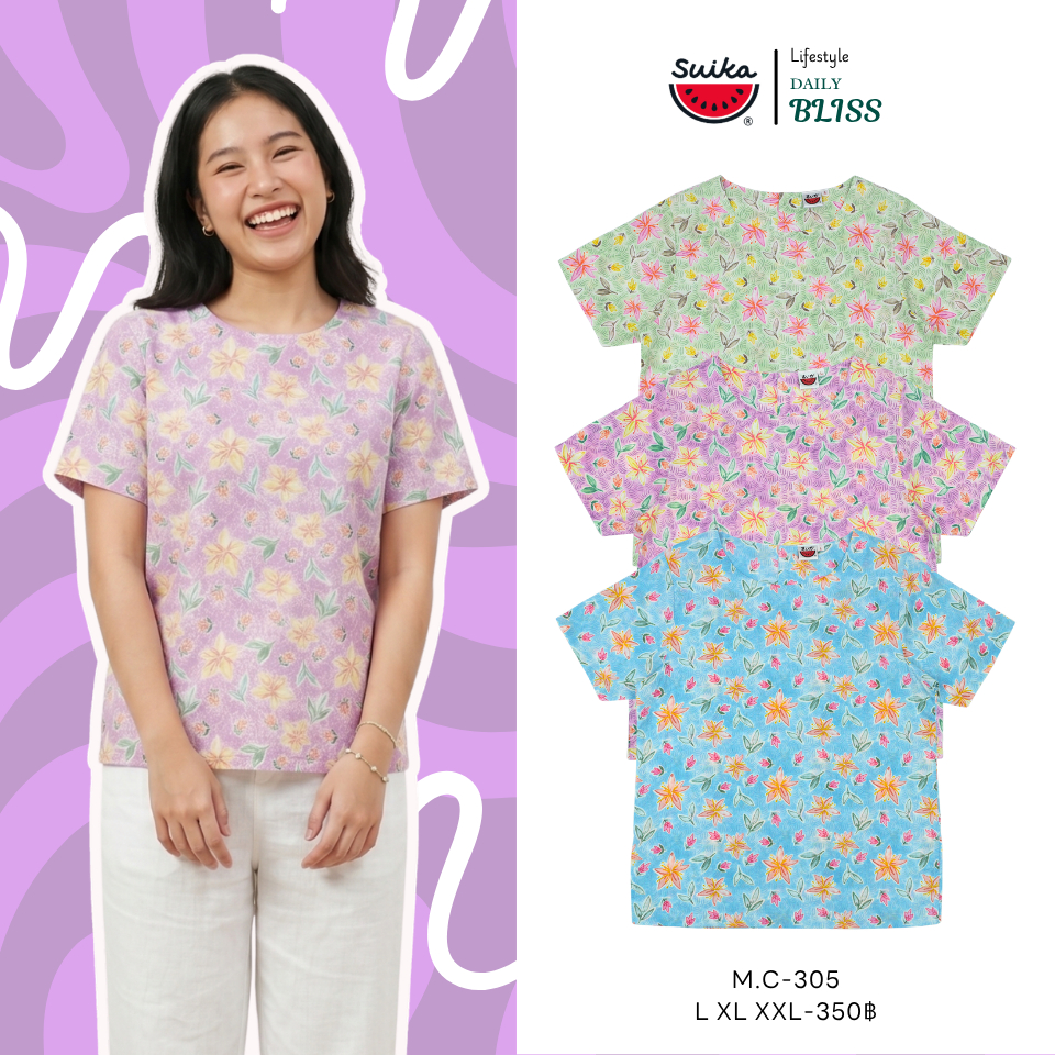เสื้อแตงโม (SUIKA) - เสื้อผ้าป่านมัสลิน คอปาดกระดุมหลัง 3 เม็ด แขนสั้น ลายดอกไม้ (M.C-165 305 167)