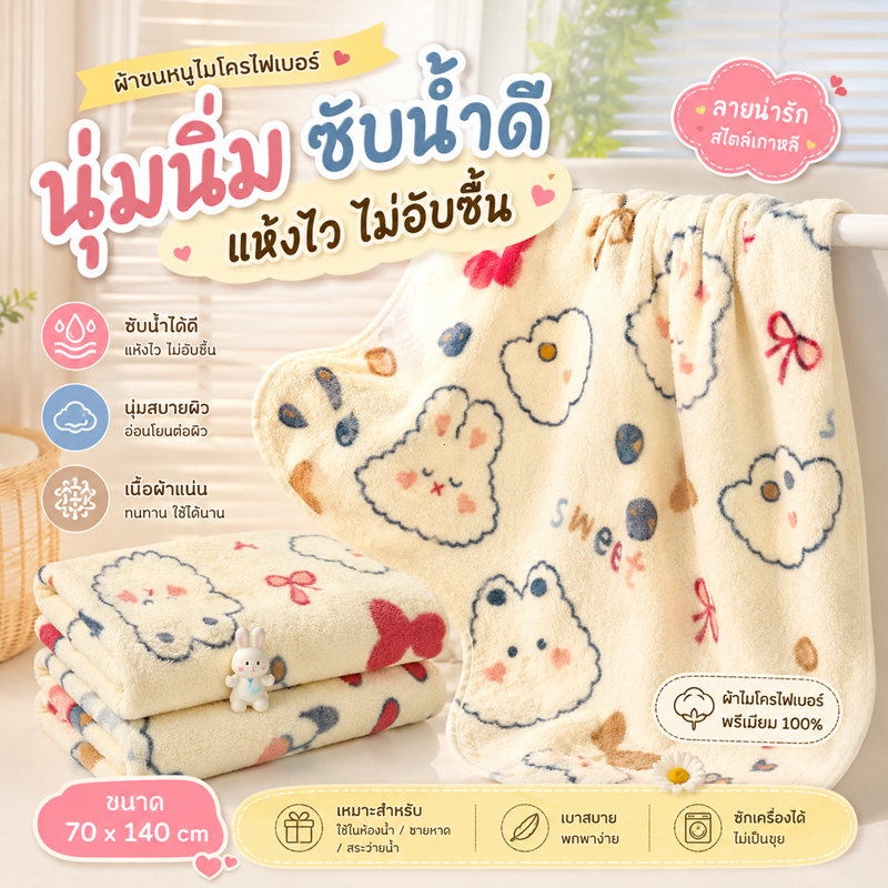 ผ้าขนหนูอาบน้ำลายการ์ตูน ไมโครไฟเบอร์ นุ่มสบาย ซับน้ำไว อ่อนโยนต่อผิว ซักเครื่องได้