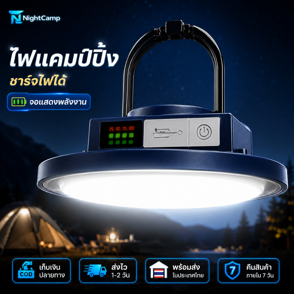 UFO โคมไฟแคมป์ปิ้ง LED ชาร์จ USB ไฟฉุกเฉิน กันน้ำ จอแสดงแบตเตอรี่ แสงสว่างสูง พกพาสะดวก ใช้งานอเนกประสงค์