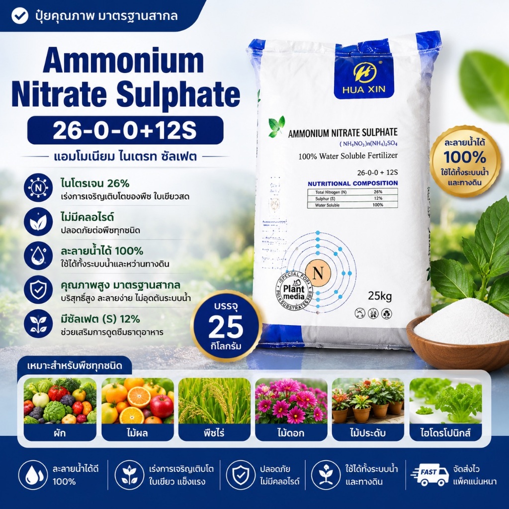 Ammonium Nitrate Sulphate (ANS) แอมโมเนียม ไนเตรท ซัลเฟต แมวทองคำ HUA XIN สูตร 26-0-0 +12S บรรจุ 25 