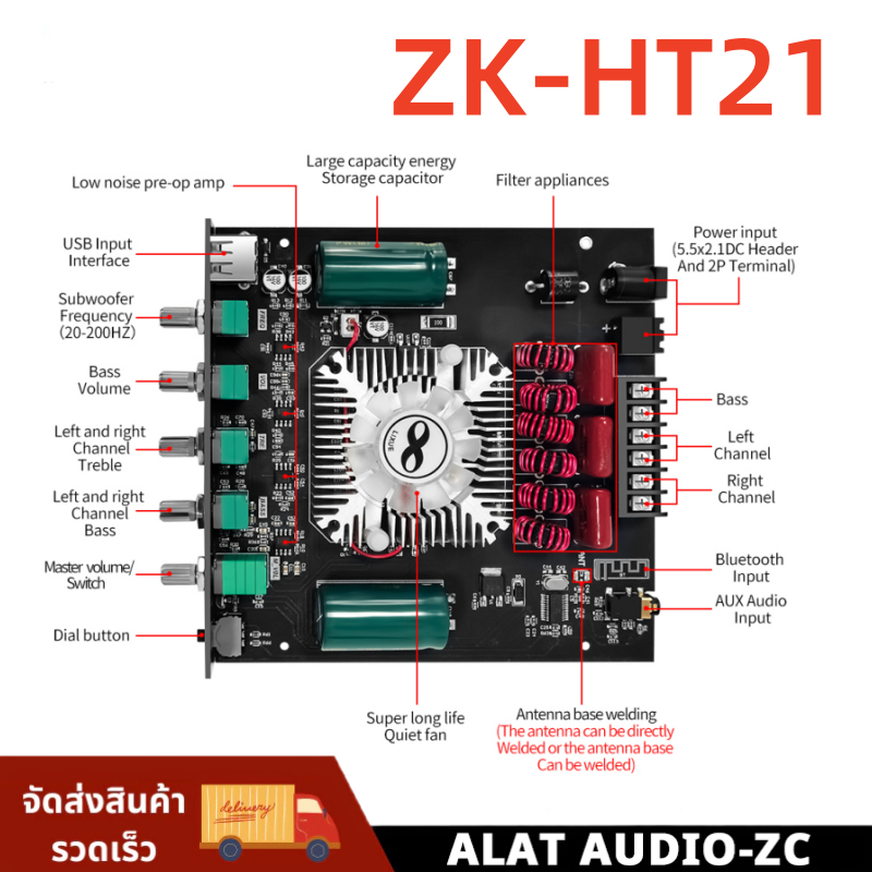 WUZHI ZK-HT21 เครื่องขยายเสียง 2.1 ช่อง TDA7498E บลูทูธซับวูฟเฟอร์ดิจิตอลสูง 160W * 2 + 220W พัดลมระ
