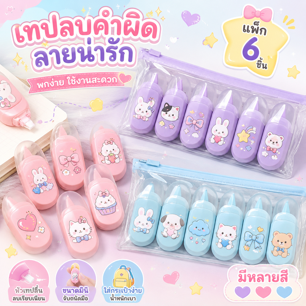 พร้อมส่ง เทปลบคำผิด ลิขวิดแบบเทป หัวเทปกว้าง5mm/ยาว6M (ราคาต่อแพ็ค/6ชิ้น）พร้อมถุงพลาสติก (ซิปล็อค)