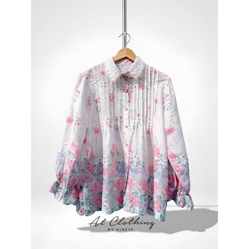 [ รุ่น ฉลุดอก ตีเกร็ด ] เสื้อผ้าฝ้ายพิมพ์ลายดอกล็อค แต่งฉลุปัก ตีเกร็ด