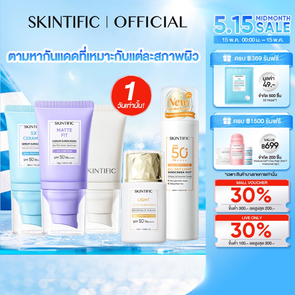 SKINTIFIC Sunscreen SPF50+ PA++++ ครีมกันแดด กันแดดหน้า เนื้อแมทท์ ไนอาซินาไมด์ เนื้อน้ำบางเบา กันแดดตัว กันแดด ราคา ถูกที่สุด ดีลบีเคเค